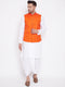 Vastramay Men's Orange And White Cotton Blend Jacket, Kurta and Dhoti Set